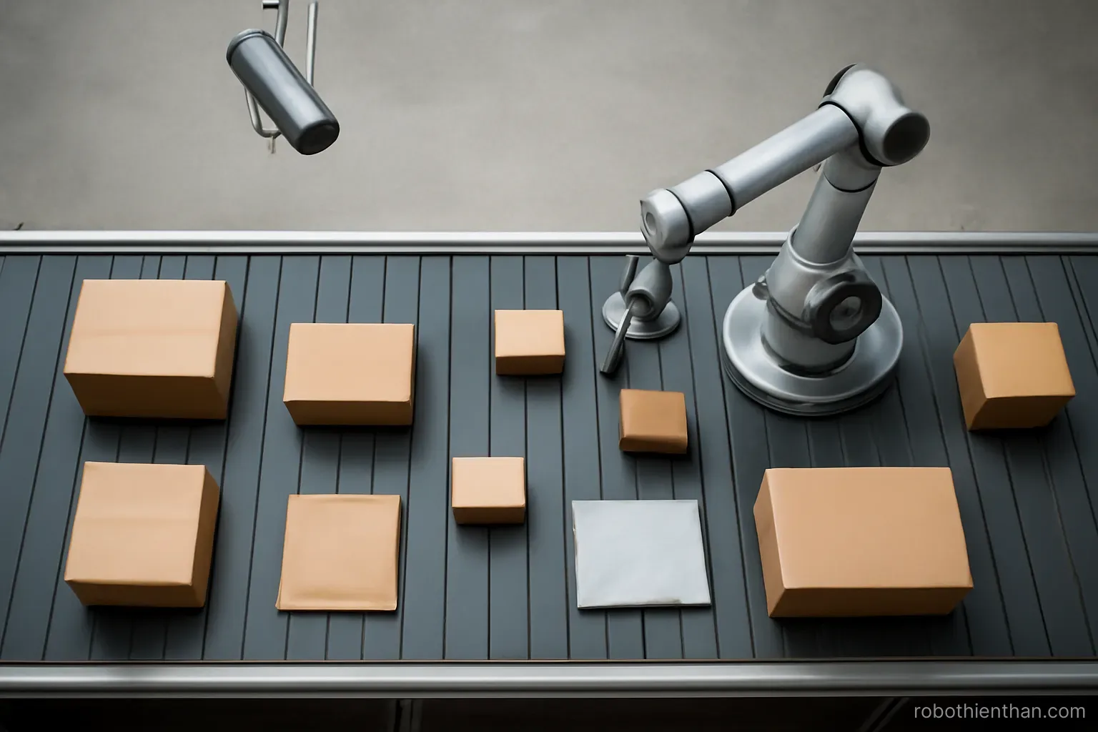 Robot phân loại hàng hoá đa dạng trên băng chuyền trong trung tâm phân phối
