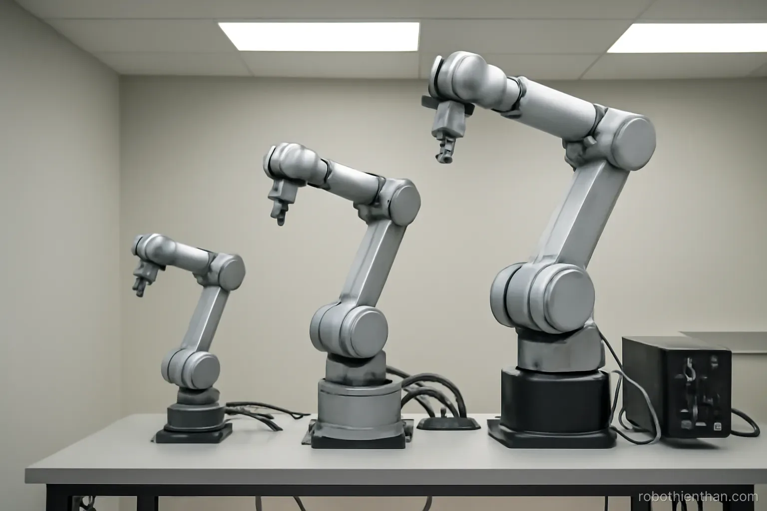 Ba loại cánh tay robot khác nhau đặt trên bàn thí nghiệm để so sánh