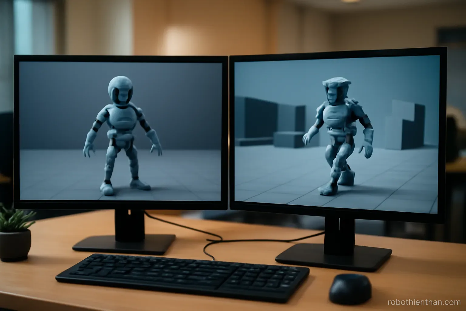 Hai màn hình hiển thị cùng một cảnh robot trong hai trình mô phỏng khác nhau