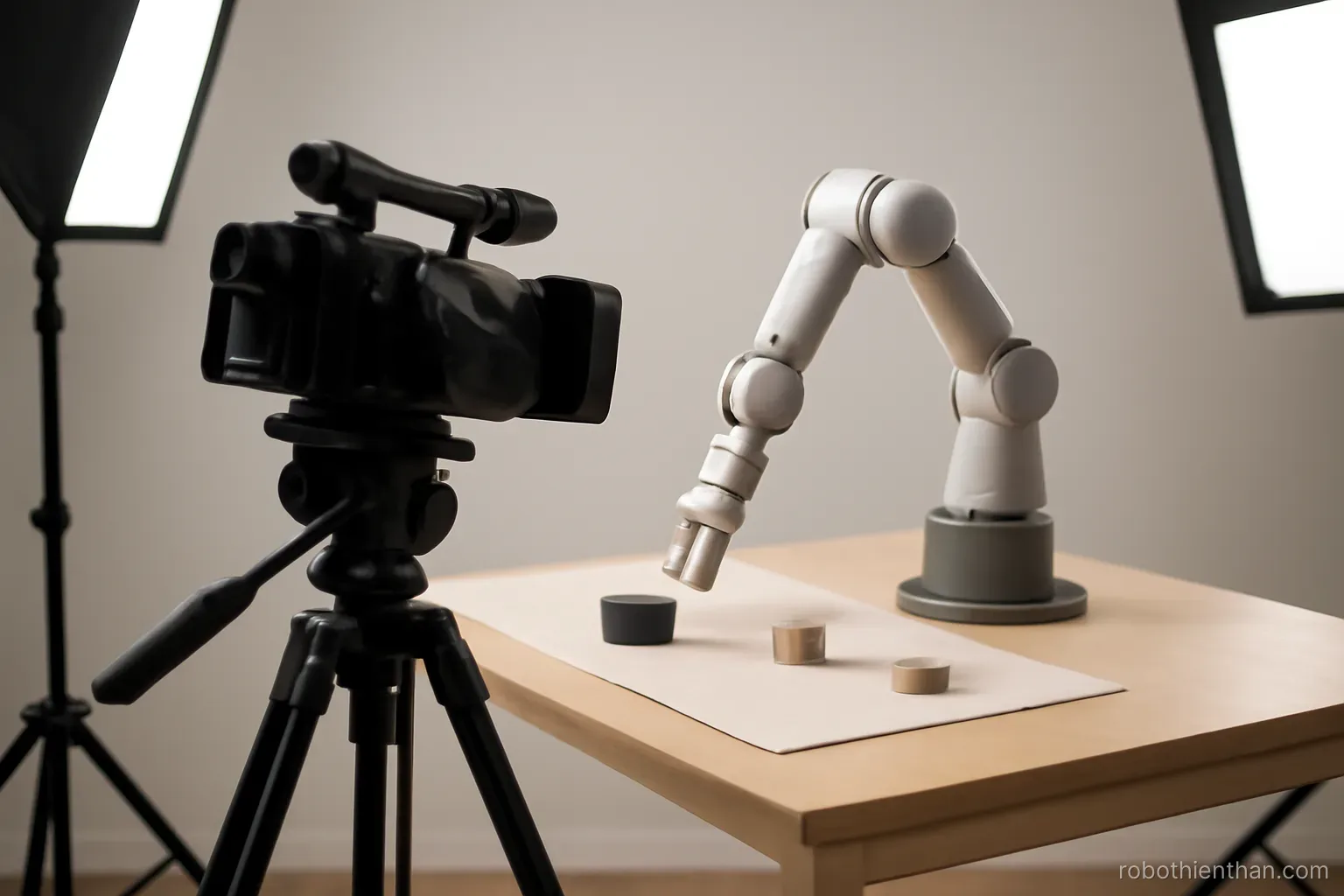 Máy quay đặt trước một robot đang thao tác trong khung cảnh được sắp đặt gọn gàng