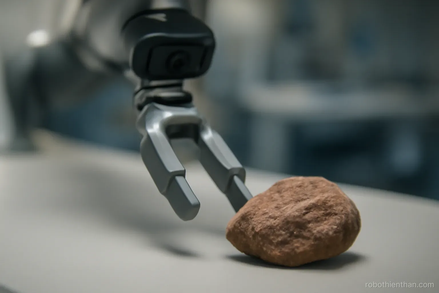 Tay kẹp robot đang tiếp cận một vật hình dạng bất thường trên bàn