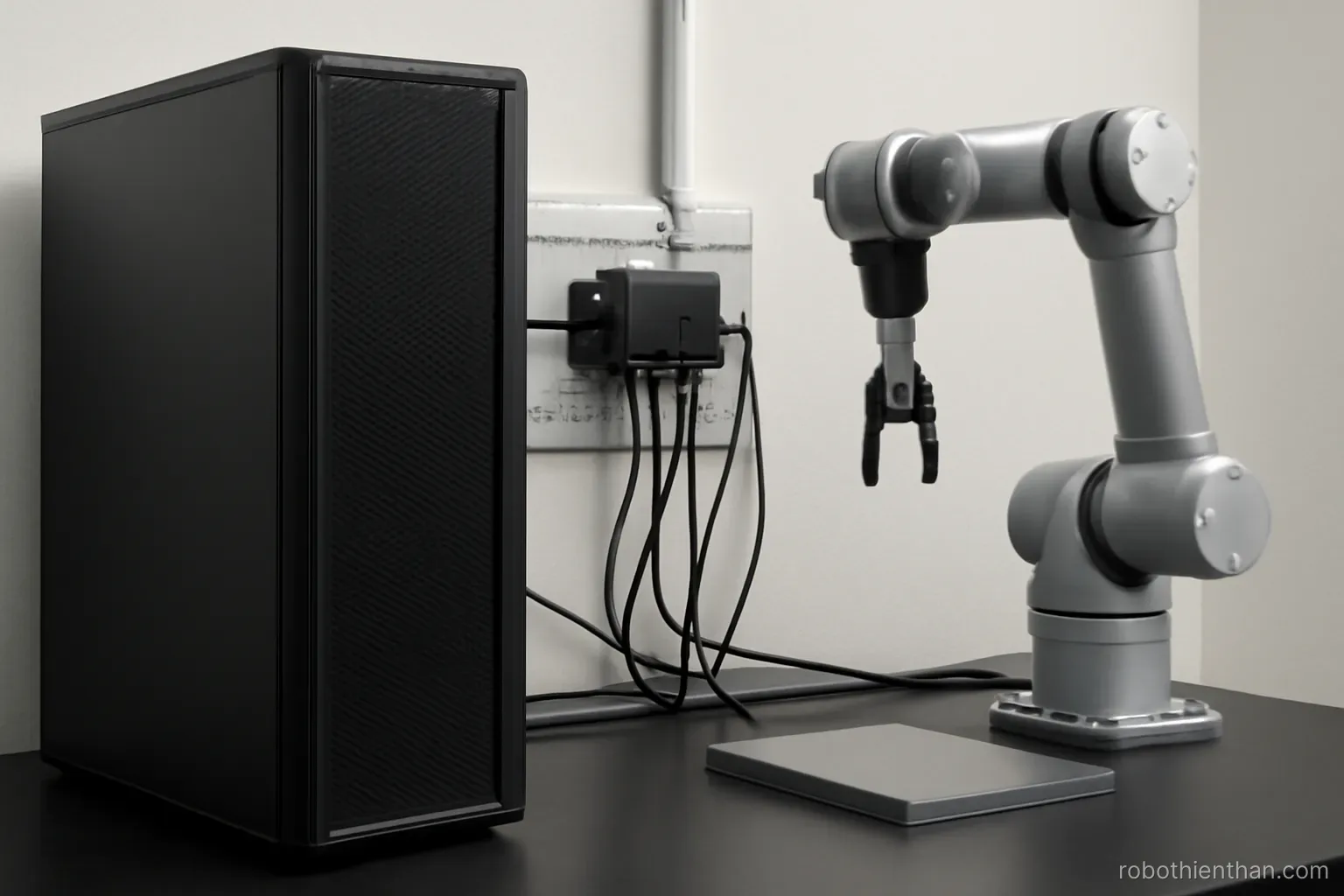 Máy chủ tính toán và máy tính nhúng đặt cạnh trạm robot trong phòng lab
