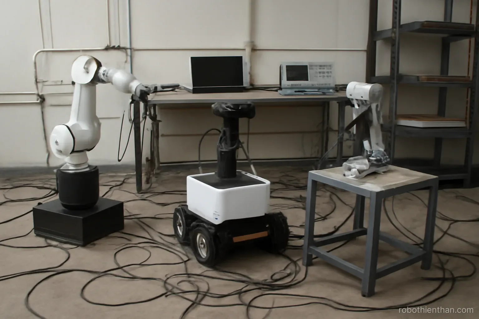Nhiều loại robot khác nhau đặt trong cùng một phòng lab nghiên cứu
