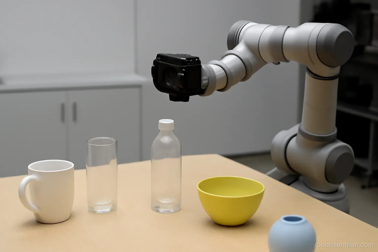 Cánh tay robot có camera gắn ở cổ tay đang tiếp cận một nhóm đồ vật trên bàn