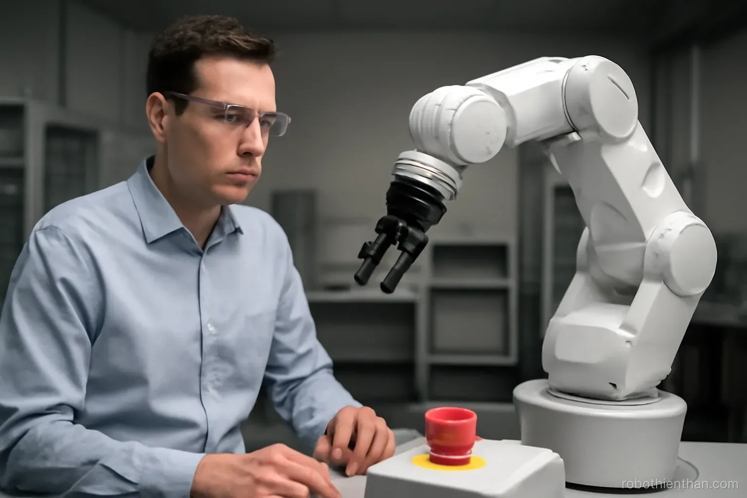 Kỹ sư đứng cạnh robot đang chạy thử với tay đặt gần nút dừng khẩn cấp