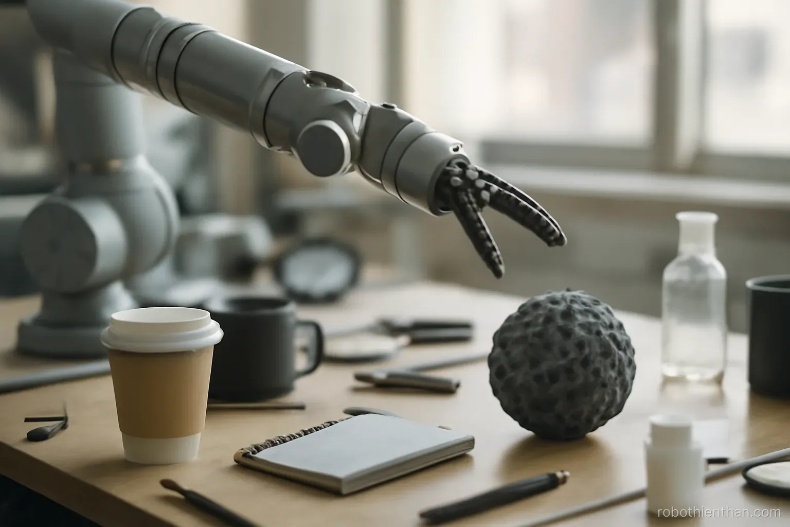 Cánh tay robot đang gắp một vật lạ trên bàn có nhiều đồ vật bày lộn xộn