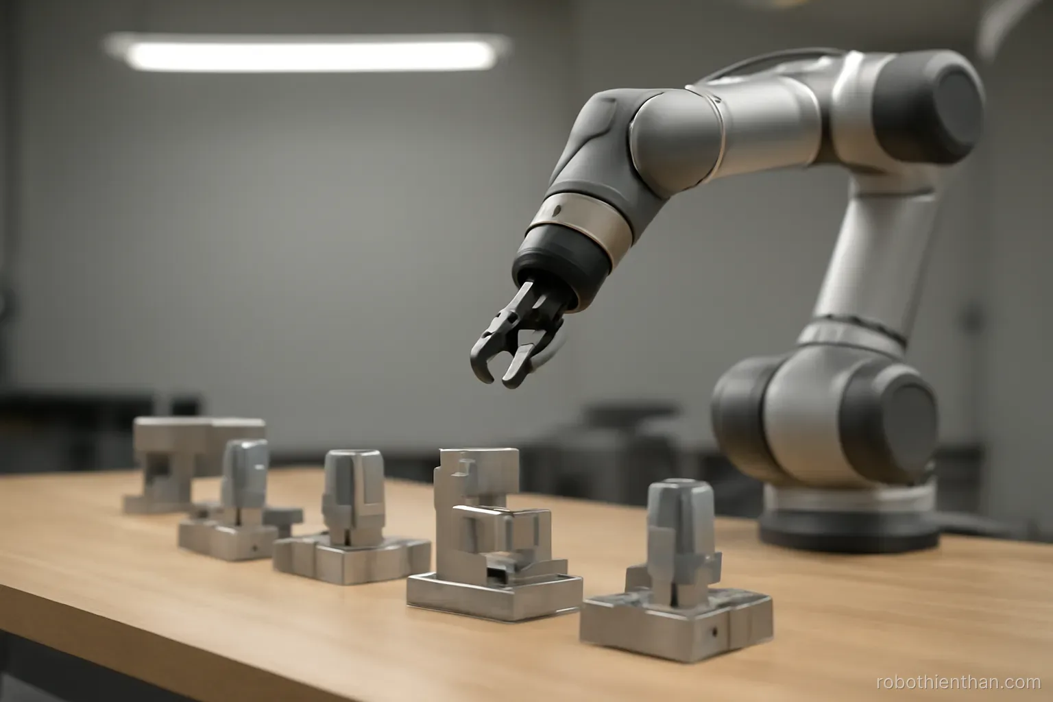 Robot thực hiện một chuỗi thao tác nhiều bước trên bàn lắp ráp