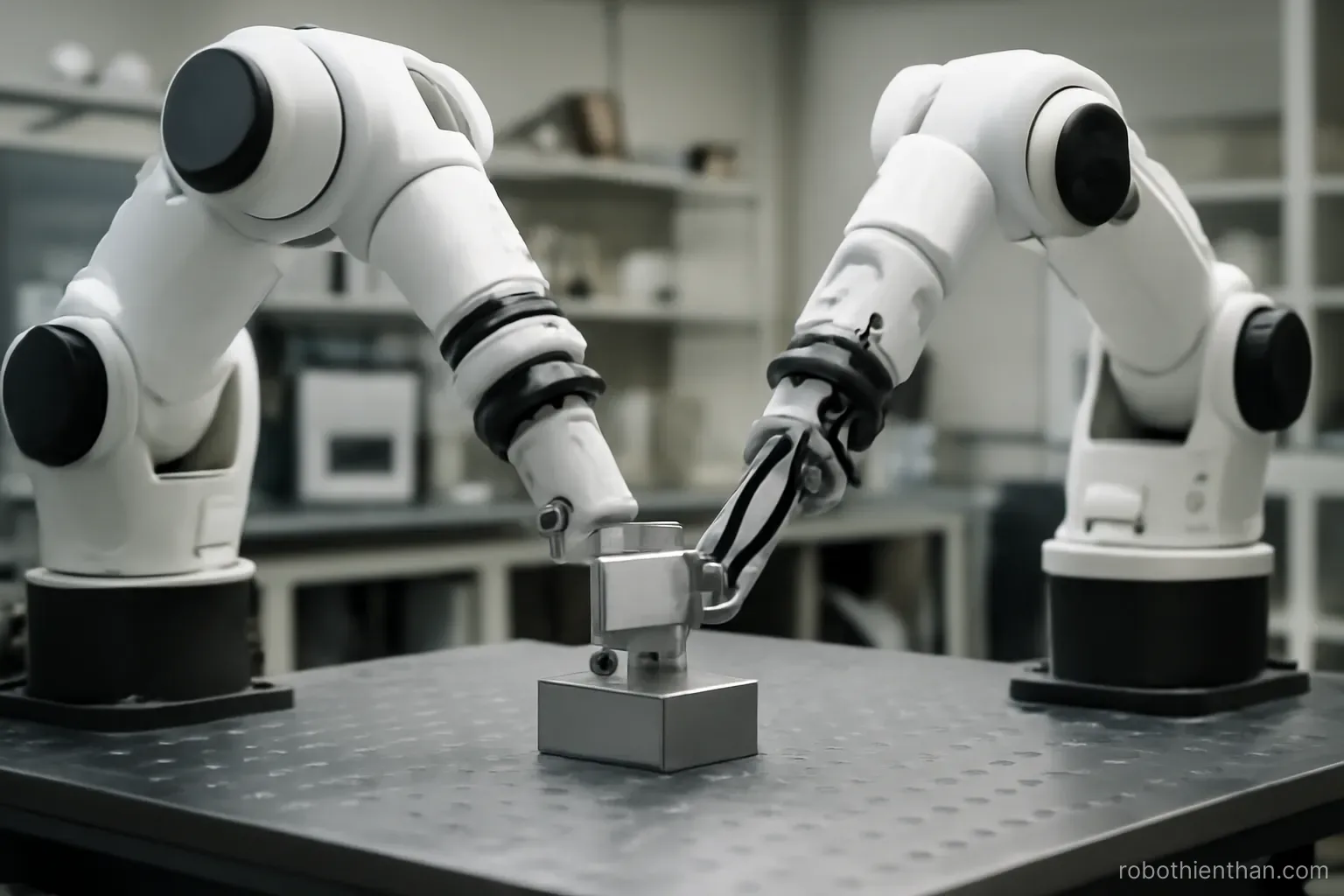 Hai cánh tay robot cùng phối hợp giữ và thao tác trên một vật