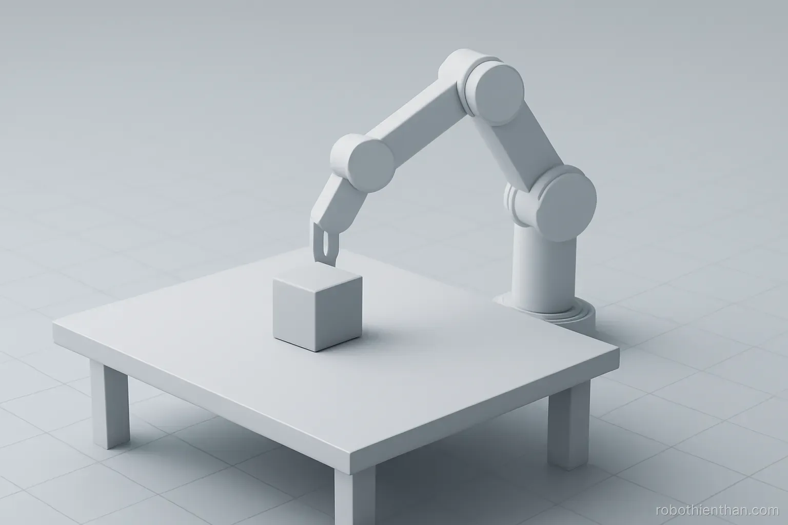 Cảnh mô phỏng một cánh tay robot và một khối lập phương trên bàn ảo