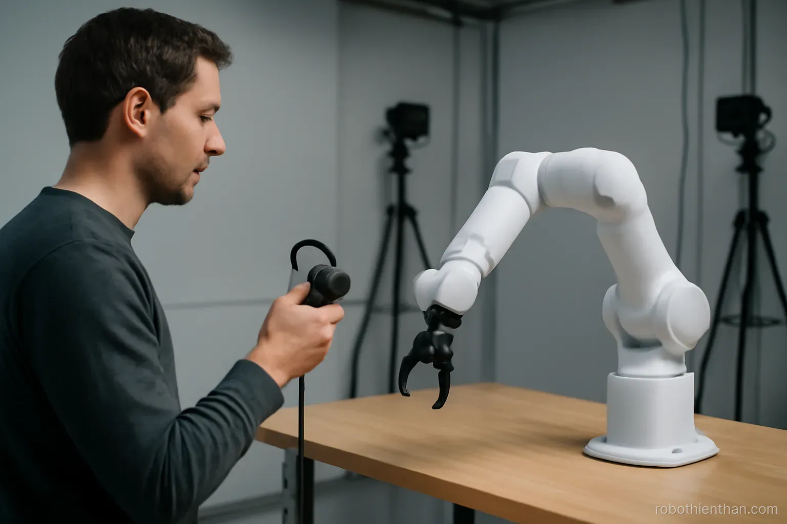 Người vận hành dùng thiết bị điều khiển tay để điều khiển cánh tay robot thu dữ liệu