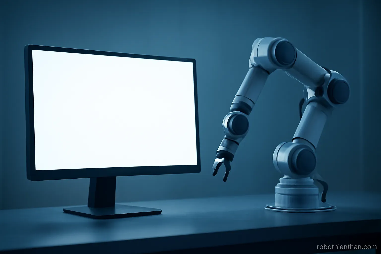 Màn hình hiển thị đoạn hướng dẫn bằng chữ đặt cạnh một cánh tay robot đang đứng yên